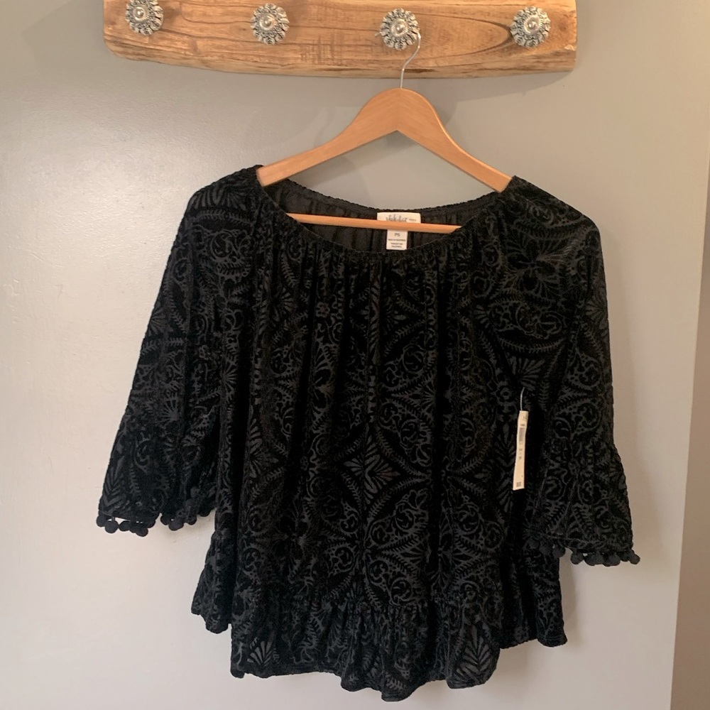 Style & Co | Velvet Ruffle Pompom Three Quarter Length Sleeve Boho Shirt Top